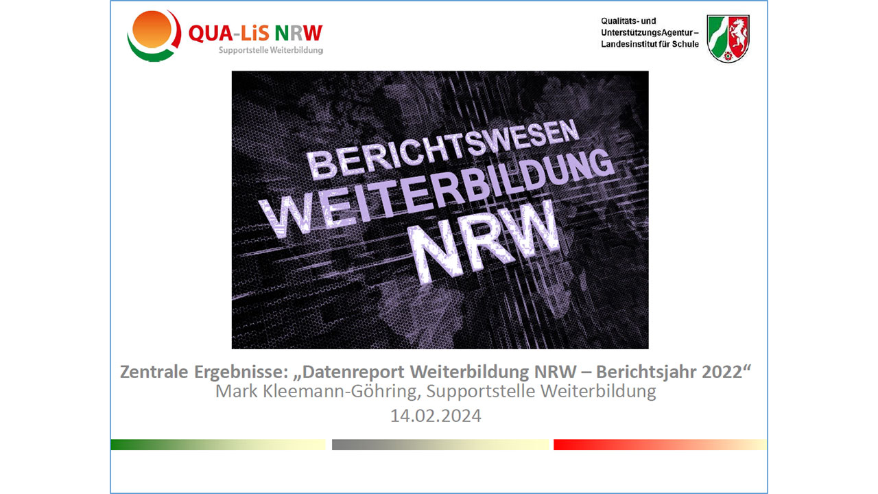 Titelseite Vortrag Zentrale Ergebnisse: „Datenreport Weiterbildung NRW-Berichtsjahr 2022“