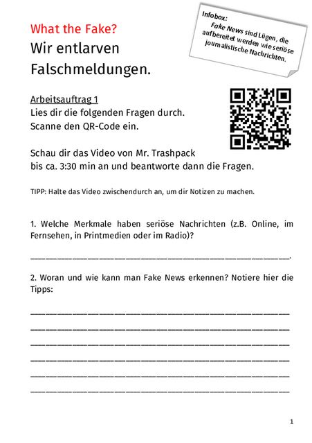 Arbeitsblatt mit QR-Code zum Video sowie Arbeitsaufträgen