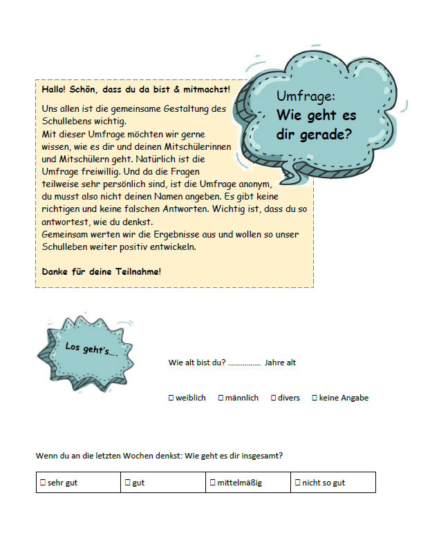 Screenshot Umfragebogen zum Wohlbefinden von Jugendlichen - weiterführende Schule