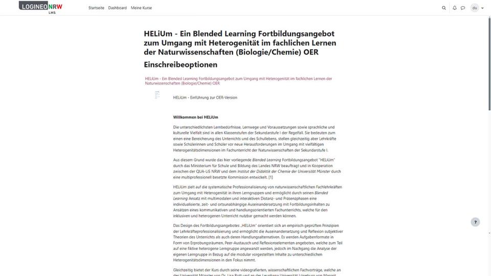 Titelseite des Logineo-Kurses HELiUm - Ein Blended Learning Fortbildungsangebot zum Umgang mit Heterogenität im fachlichen Lernen der Naturwissenschaften (Biologie/Chemie) OER